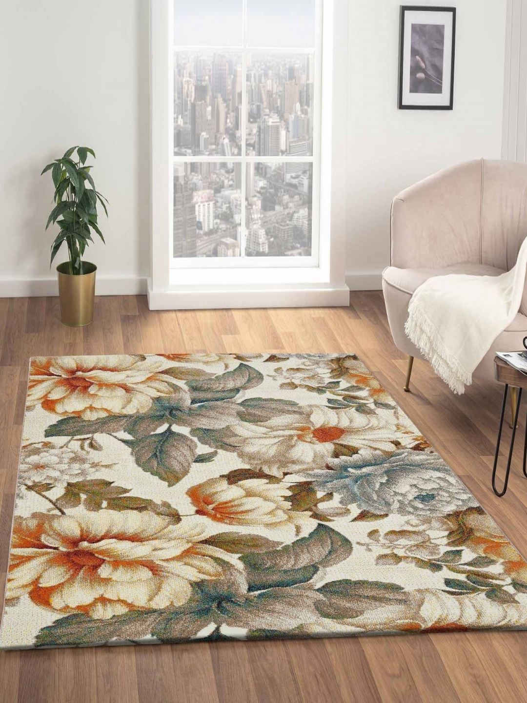 

OBSESSIONS Cream-Coloured Floral Anti-Skid Polypropylene Carpet