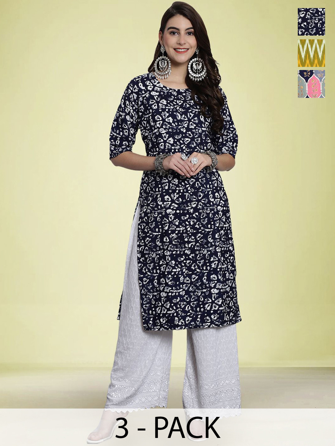 

Moda Rapido Selection Of 3 Floral Printed Round Neck Straight Kurtas, Pink