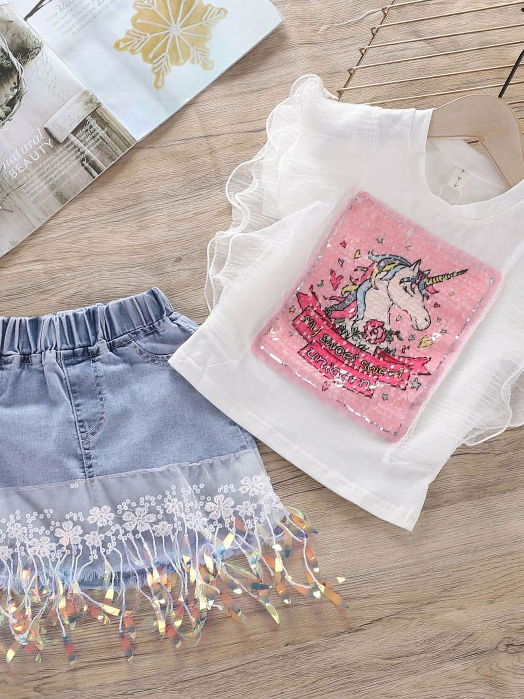 

Xsole Girls Printed Round Neck Top With Skirt, White