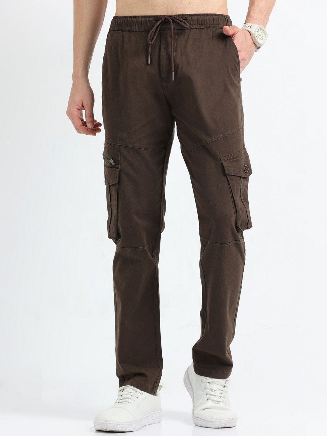 

THE BEETEL HOUSE Men Relaxed Zipper Utility Cargos Trousers, Brown