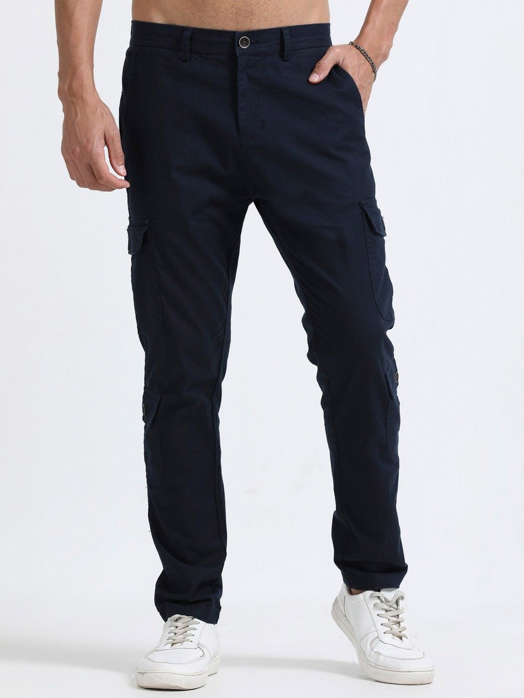 

THE BEETEL HOUSE Men Relaxed Lazy Linen Utility Cargo Trousers, Navy blue