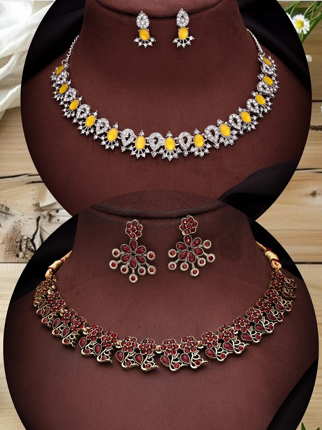 

DIVASTRI Set Of 2 Silver Plated American Diamonds Studded Jewellery Set