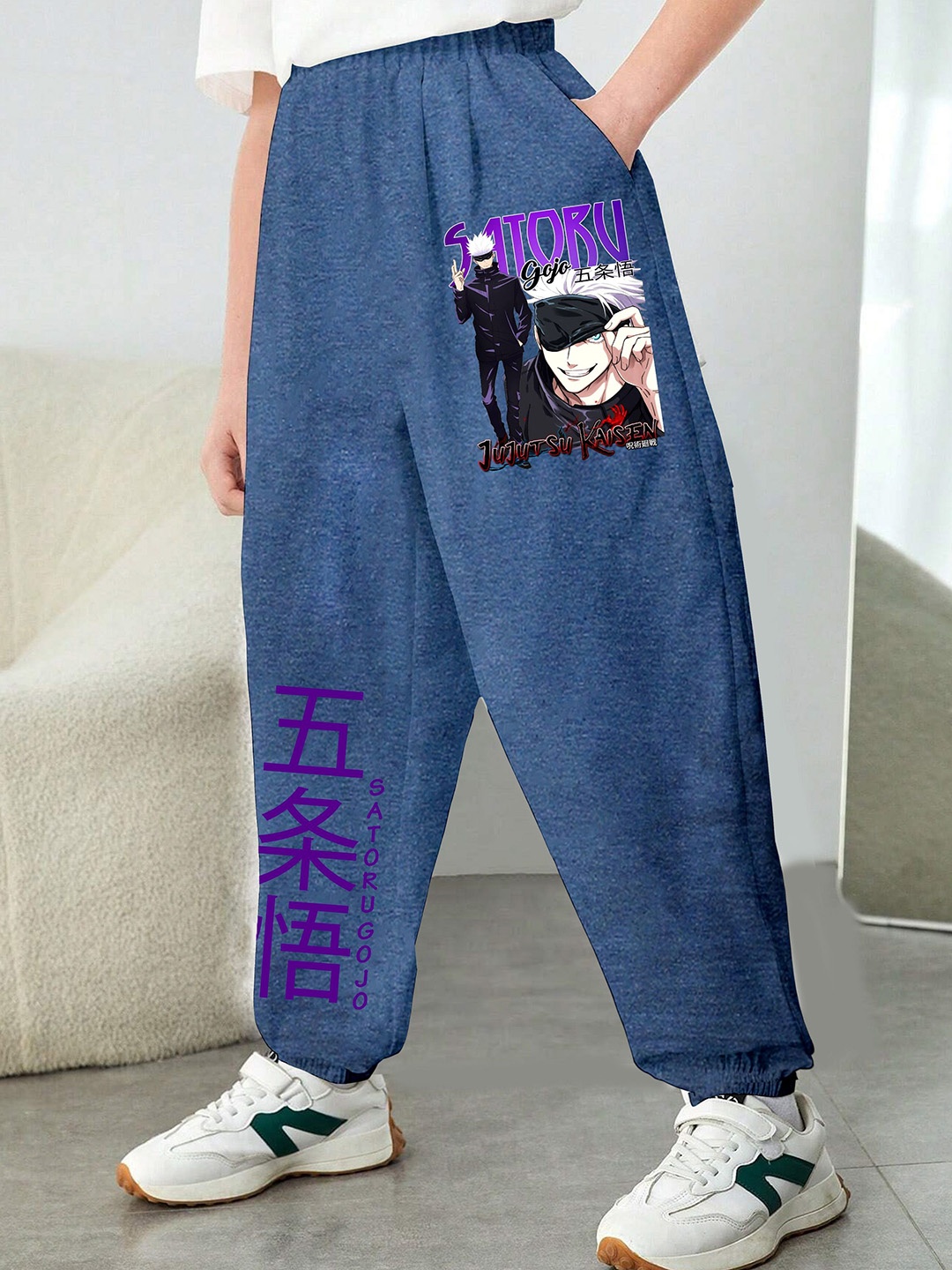 

MODARUE Boys Gojo Anime Printed Cotton Jogger Trousers, Blue
