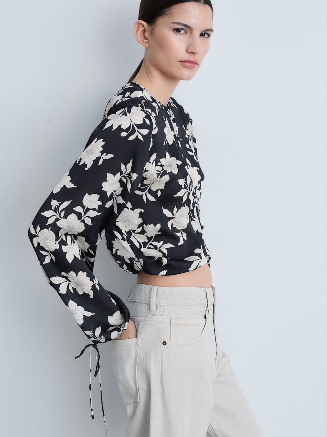 

MANGO Floral Print Satin Crop Blouson Top, Navy blue