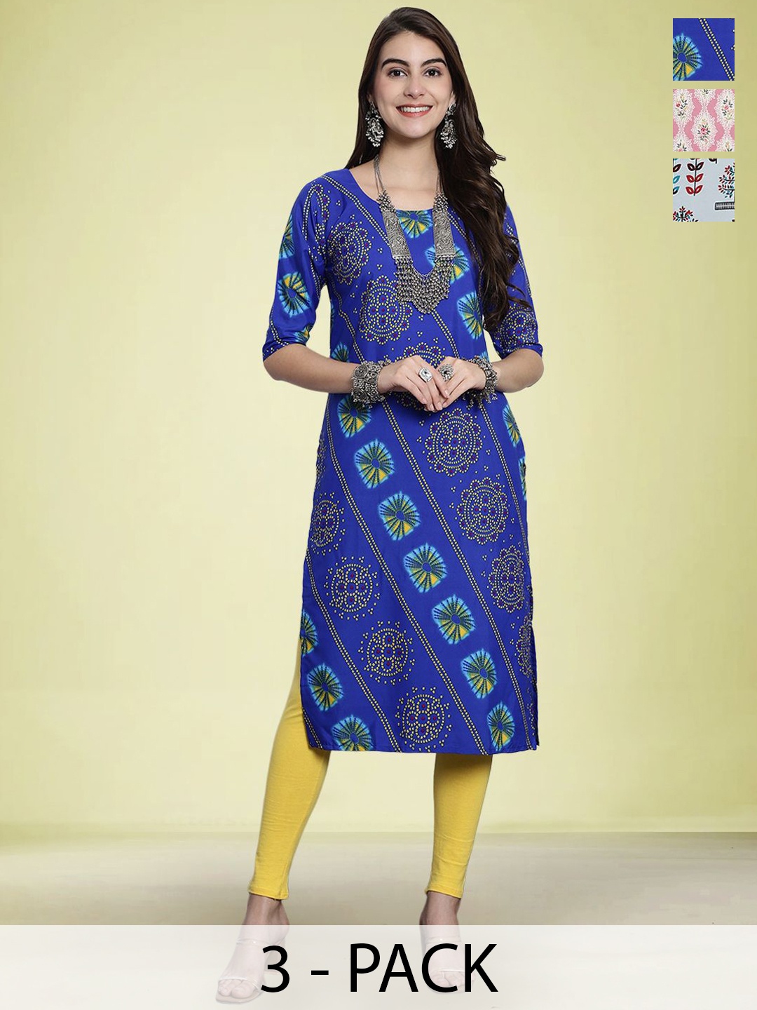 

Moda Rapido Selection Of 3 Floral Printed Round Neck Straight Kurtas, Pink