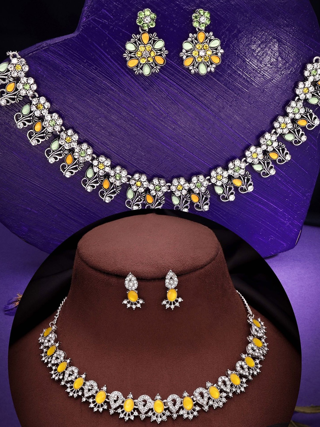 

DIVASTRI Set Of 2 Silver Plated American Diamonds Studded Jewellery Set