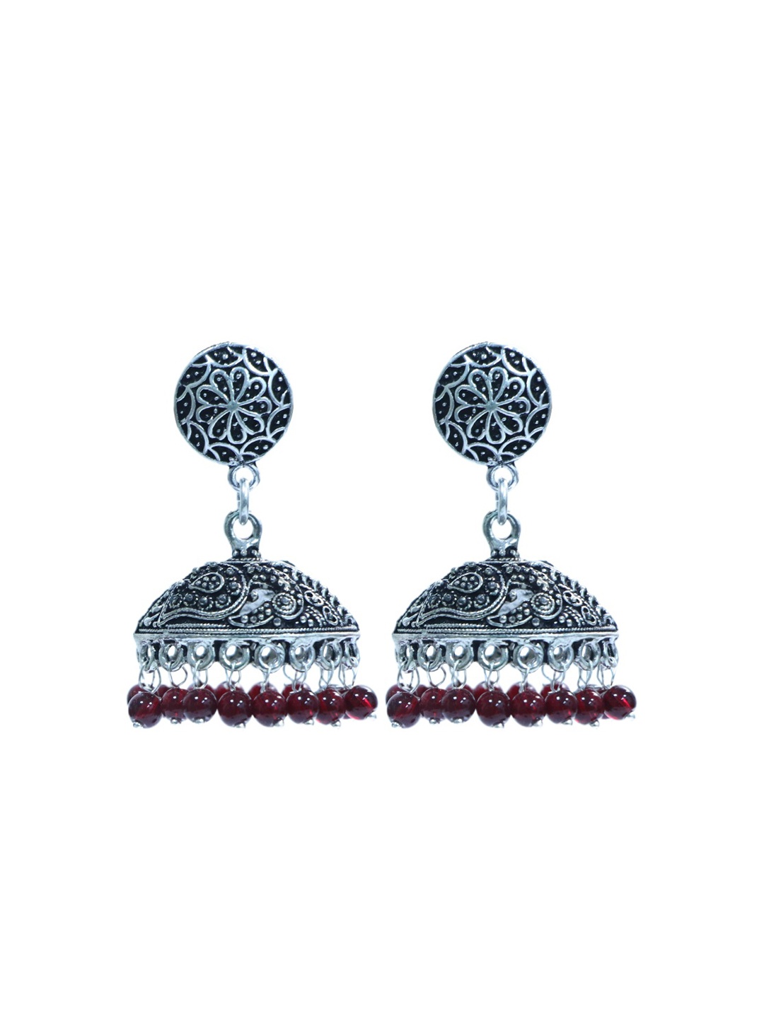 

Abhooshan Silver-Plated Artificial Beaded Oxidised Dome Shaped Jhumkas, Red