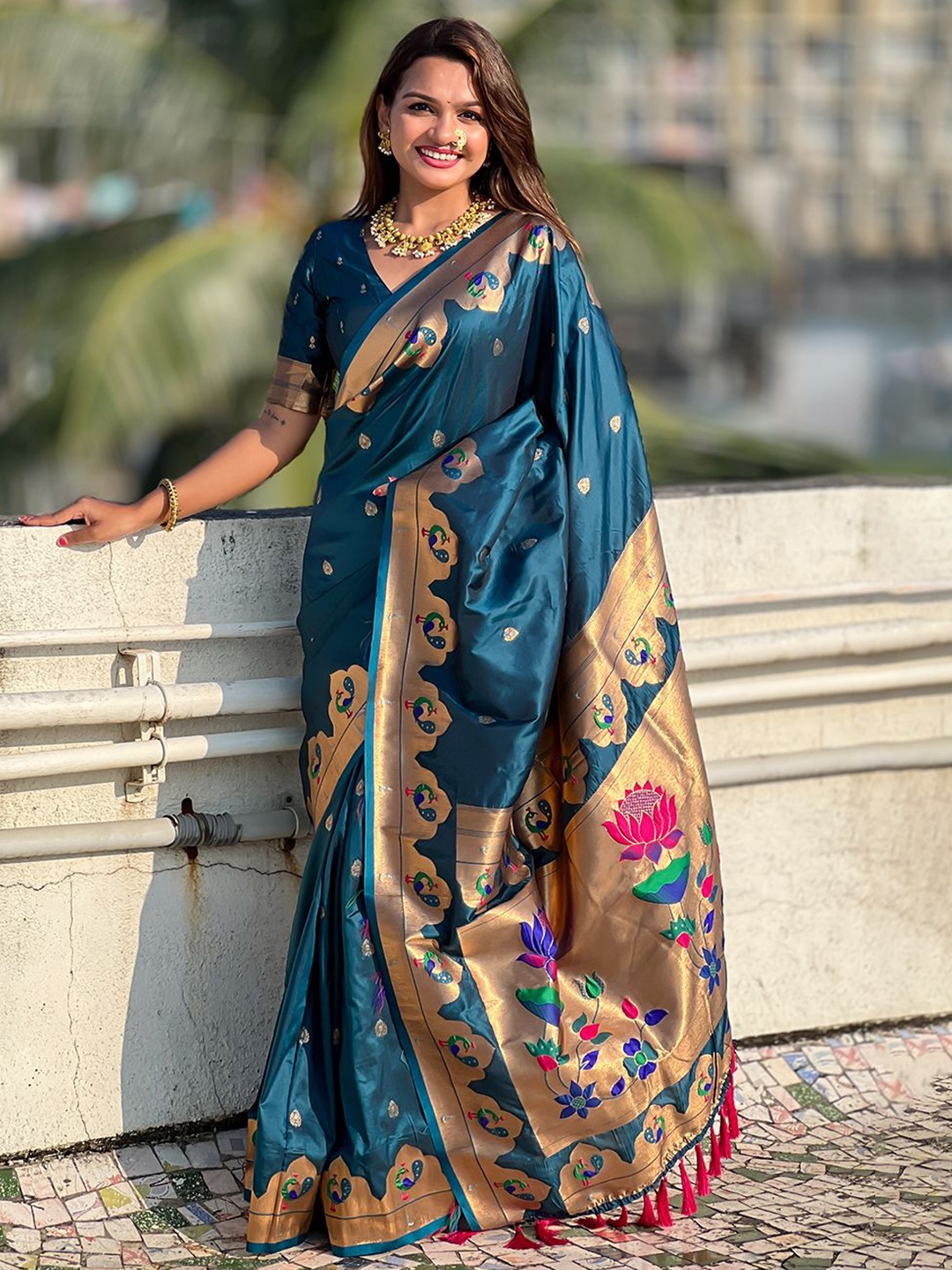 

all about you Woven Design Zari Silk Blend Paithani Saree, Blue
