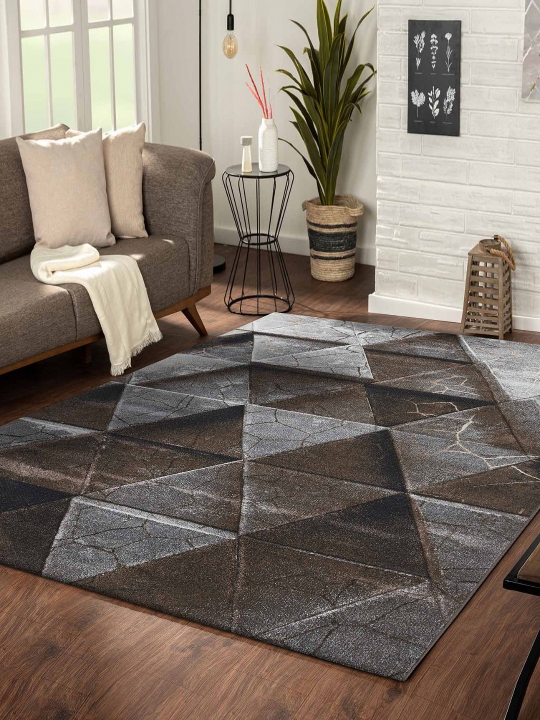 

OBSESSIONS Grey Geometric Anti-Skid Polypropylene Carpet