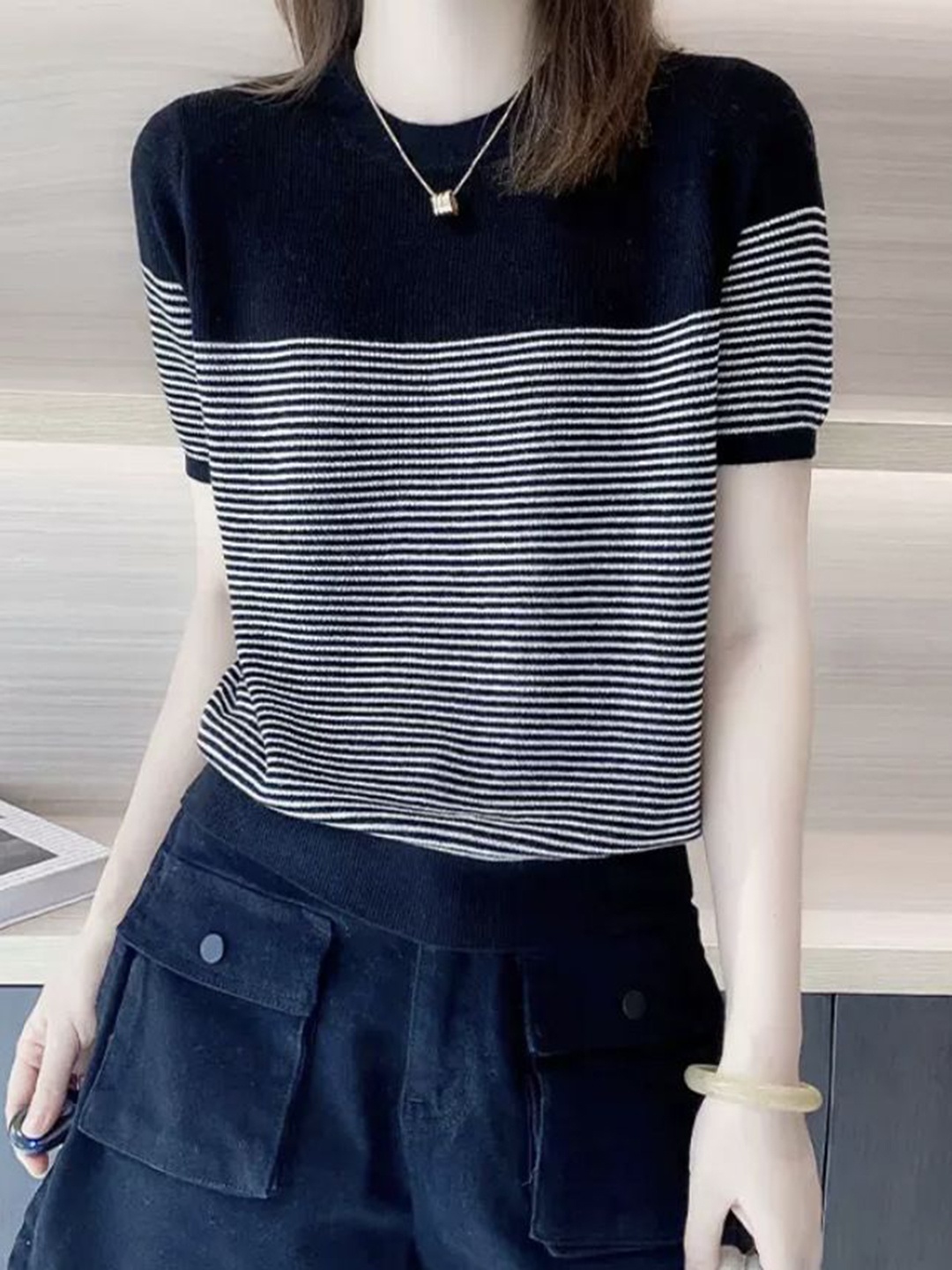 

StyleCast Women Striped T-shirt, Black