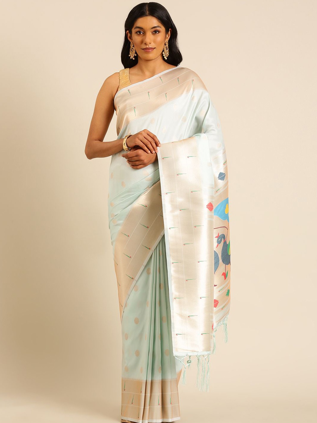 

Panzora Woven Design Zari Silk Blend Paithani Saree, Sea green
