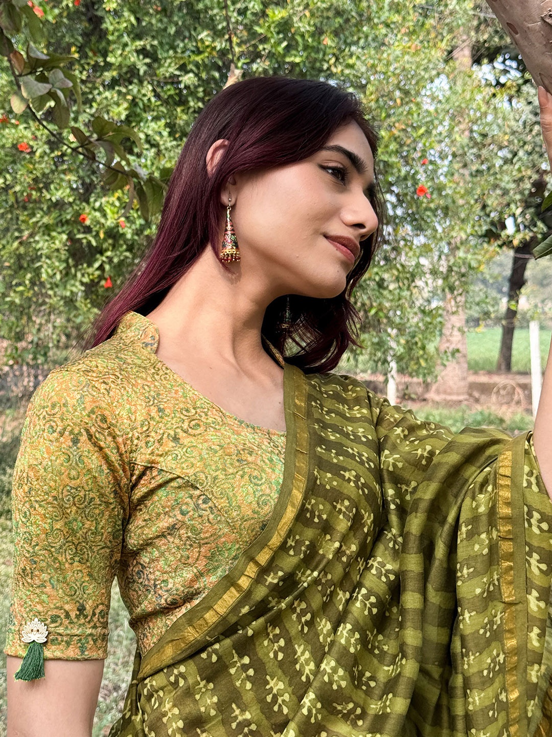 

Bindigasm's Advi High Neck Collar Stretchable Saree Blouse, Mustard