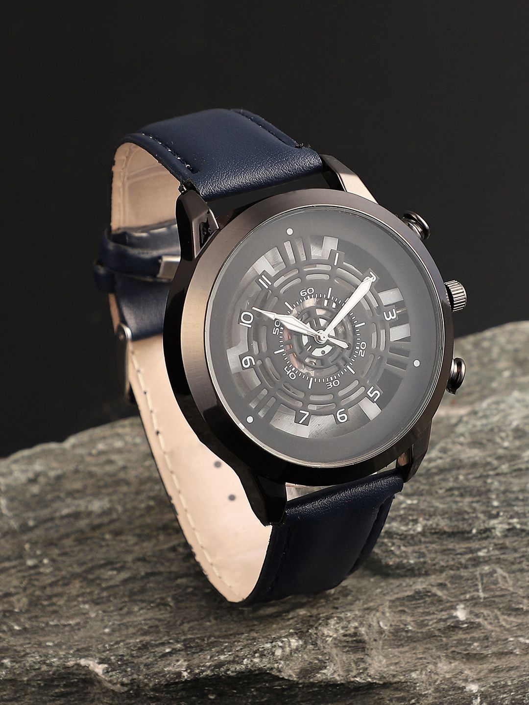 

French Accent Men Skeleton Dial & Leather Textured Straps Analogue Watch SS25_FAWC1064, Blue