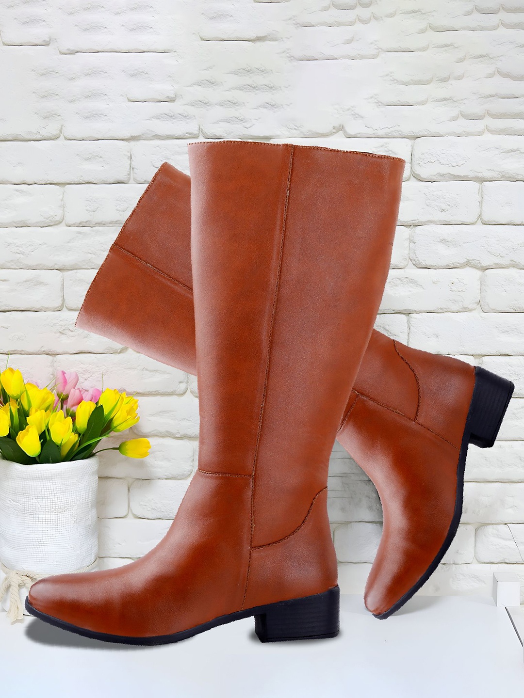 

Bxxy Women High Ankle and Knee Zipper Long Boots, Tan