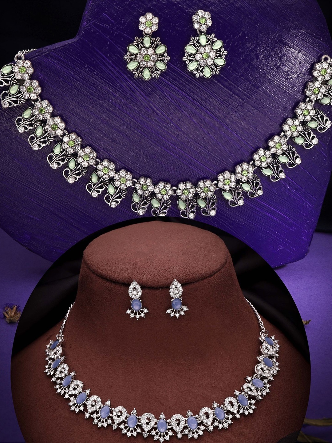 

DIVASTRI Set Of 2 Silver Plated American Diamond Studded Jewellery Sets, Gold
