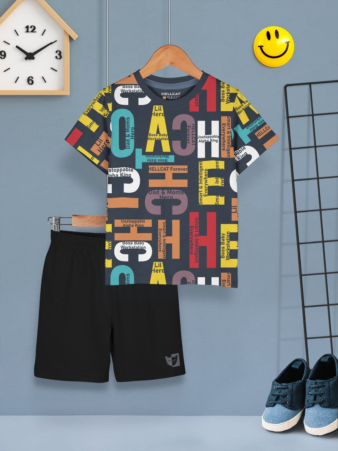 

HELLCAT Boys Printed Round Neck T-shirt With Shorts, Black
