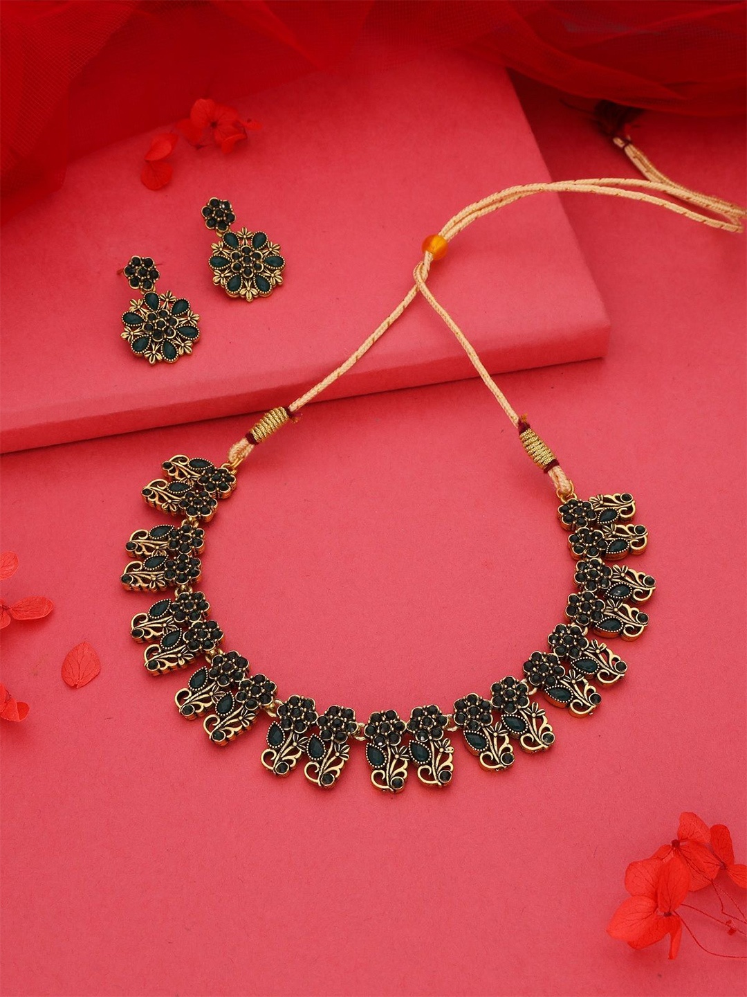 

DIVASTRI Set Of 2 Silver-Plated American Diamond Studded Jewellery Set, Gold