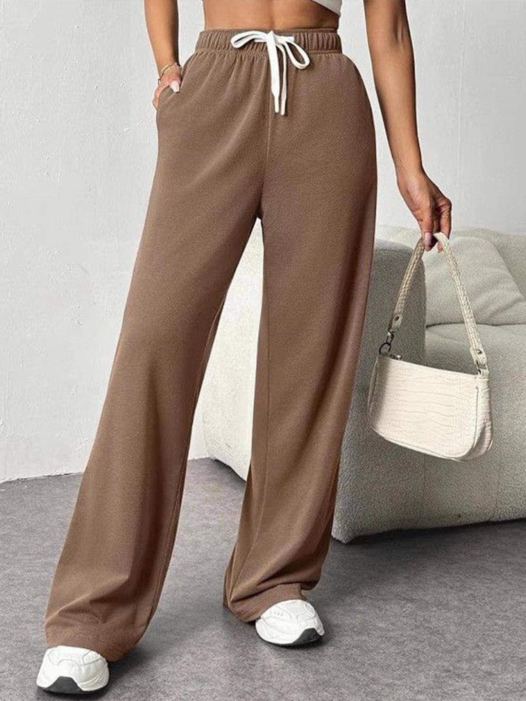 

HERE&NOW Women Flared High-Rise Trousers, Brown