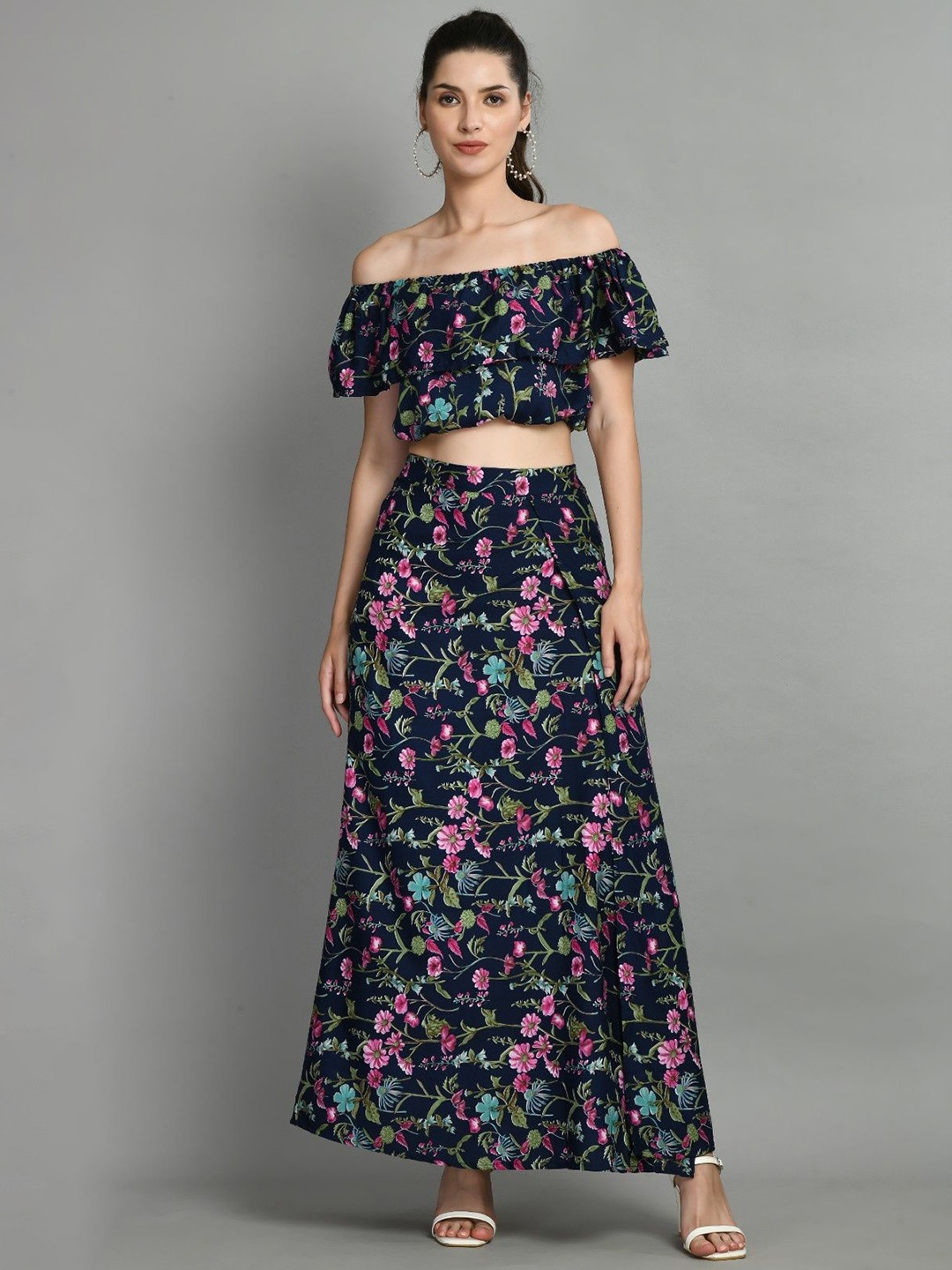 

SHAHVEER CREATION Floral Off-Shoulder Flutter Sleeve Crepe Fit & Flare Maxi Dress, Multi