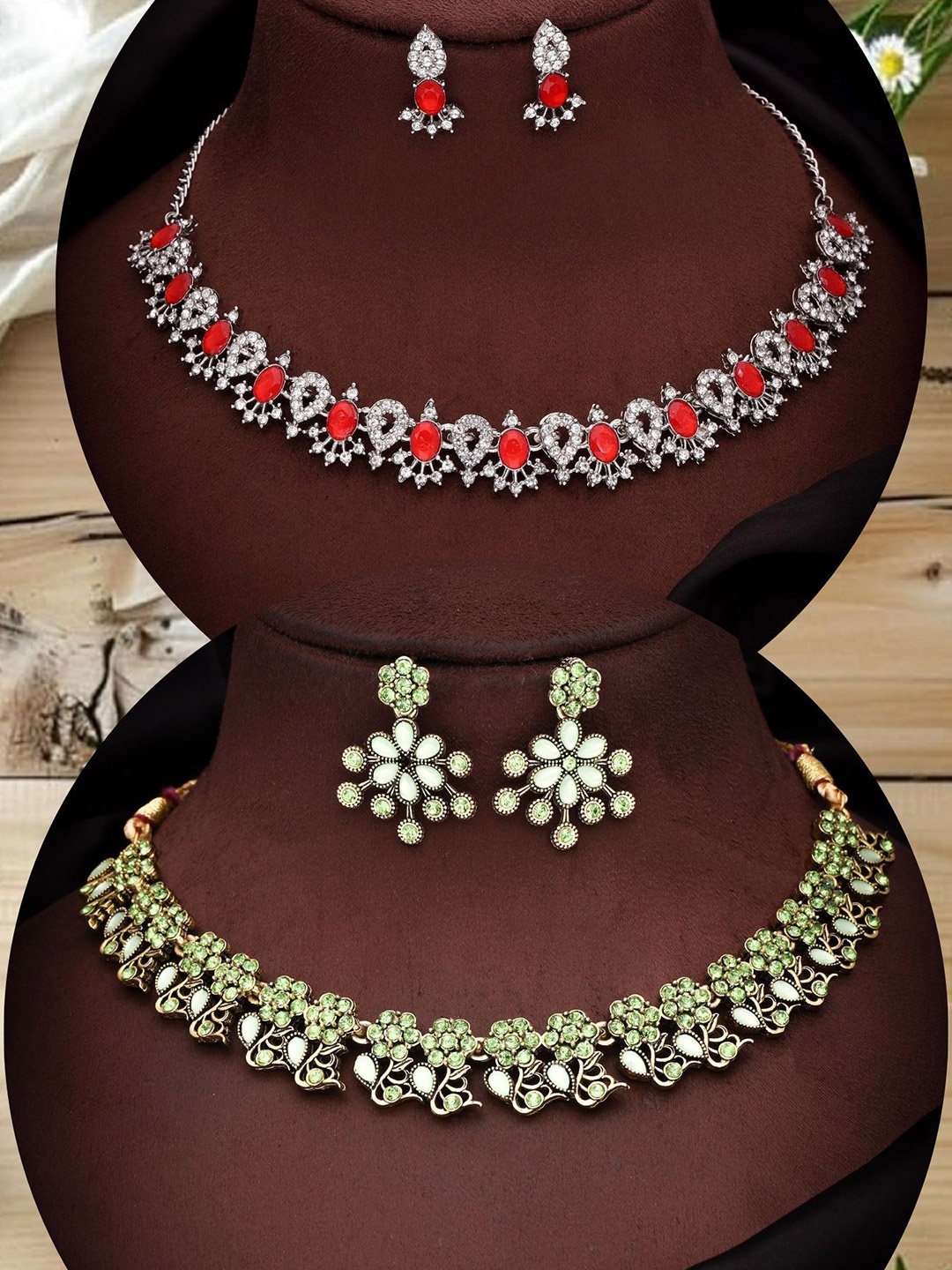

DIVASTRI Set Of 2 Gold & Silver-Plated American diamond Studded Jewellery Set