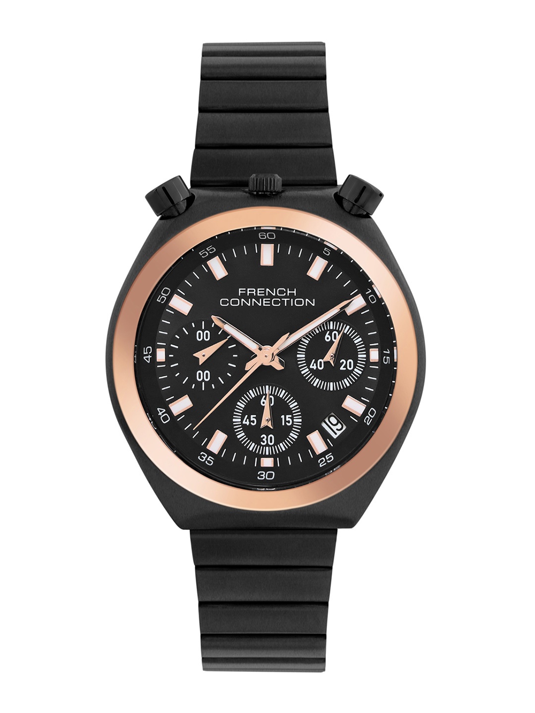 

French Connection Women Dial & Stainless Steel Bracelet Style Straps Analogue Chronograph Watch FCM03BM, Black