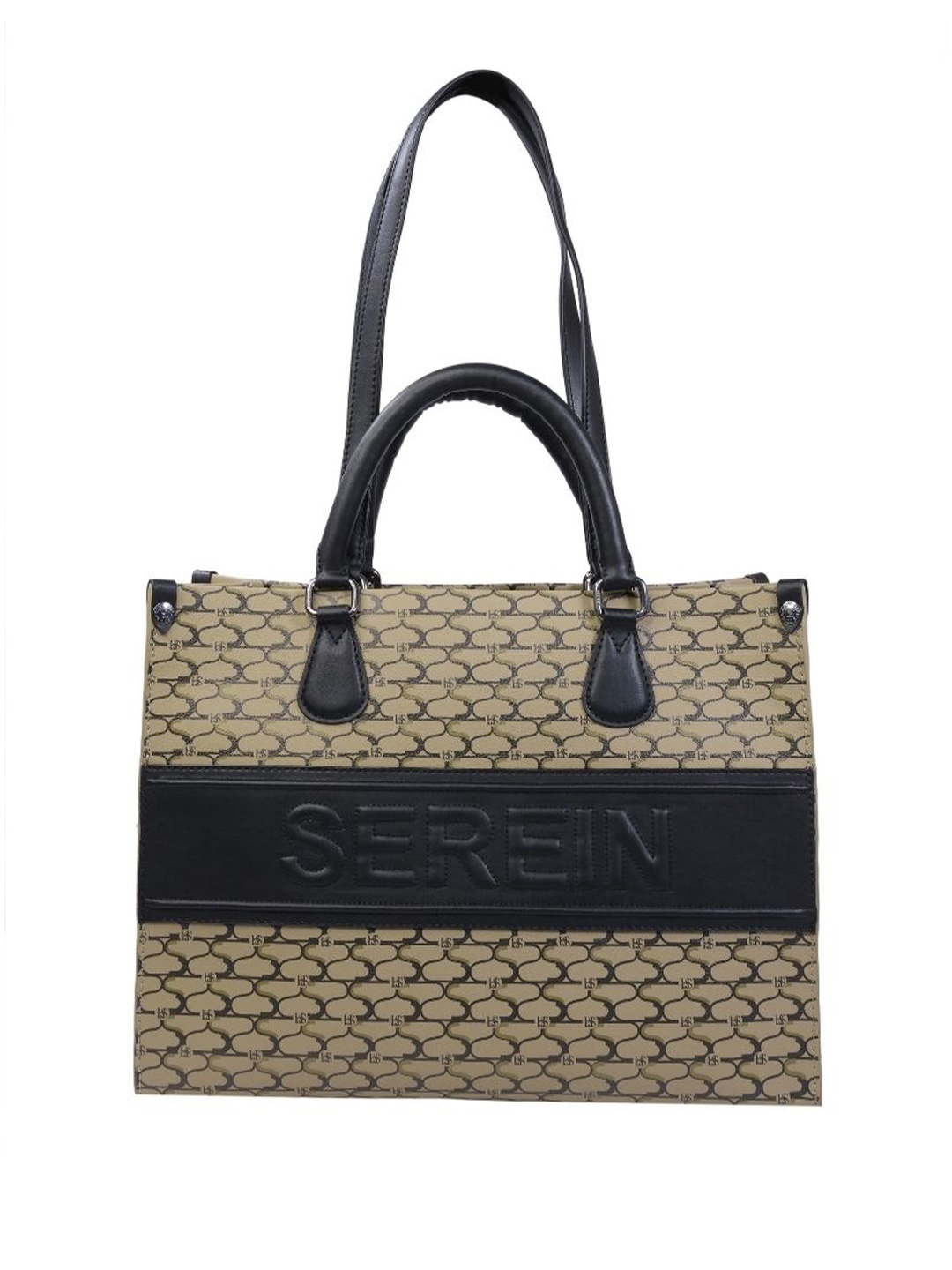 

SEREIN Printed Structured Tote Bag with Cut Work, Beige