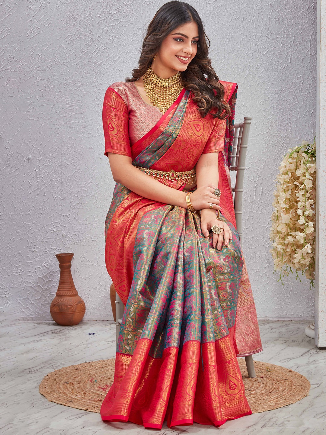 

Tankori Woven Design Zari Silk Blend Fusion Dharmavaram Saree, Pink