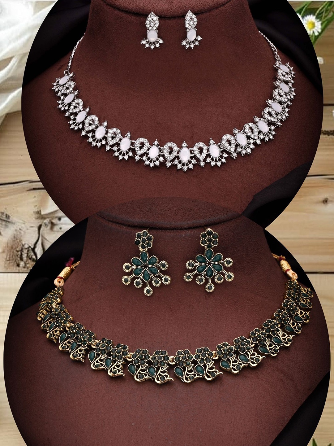 

DIVASTRI Set Of 2 Gold Plated American Diamond Studded Jewellery Set