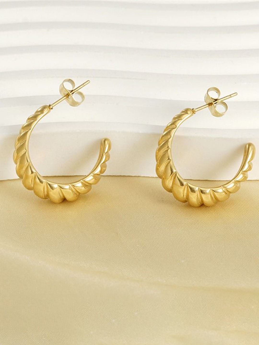 

KRYSTALZ Stainless Steel Gold-Plated Contemporary Shaped Hoop Earrings
