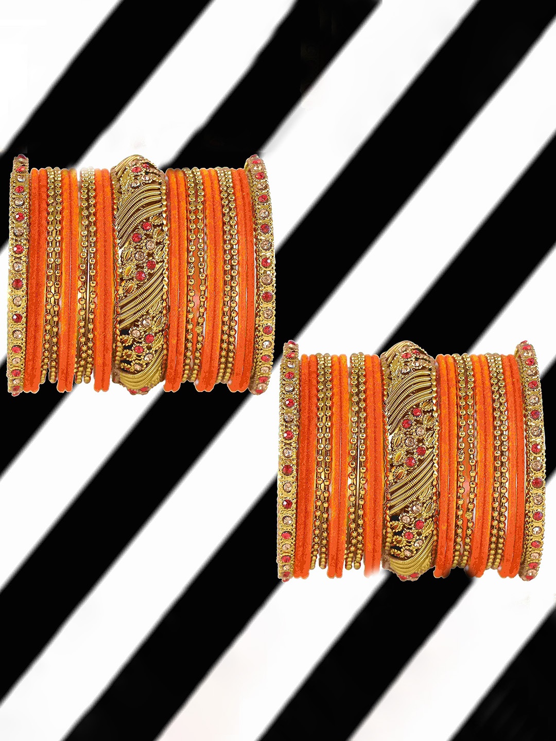 

ZULKA Set Of 46 CZ Stone Studded And Beaded Ball Chain Bangles, Gold