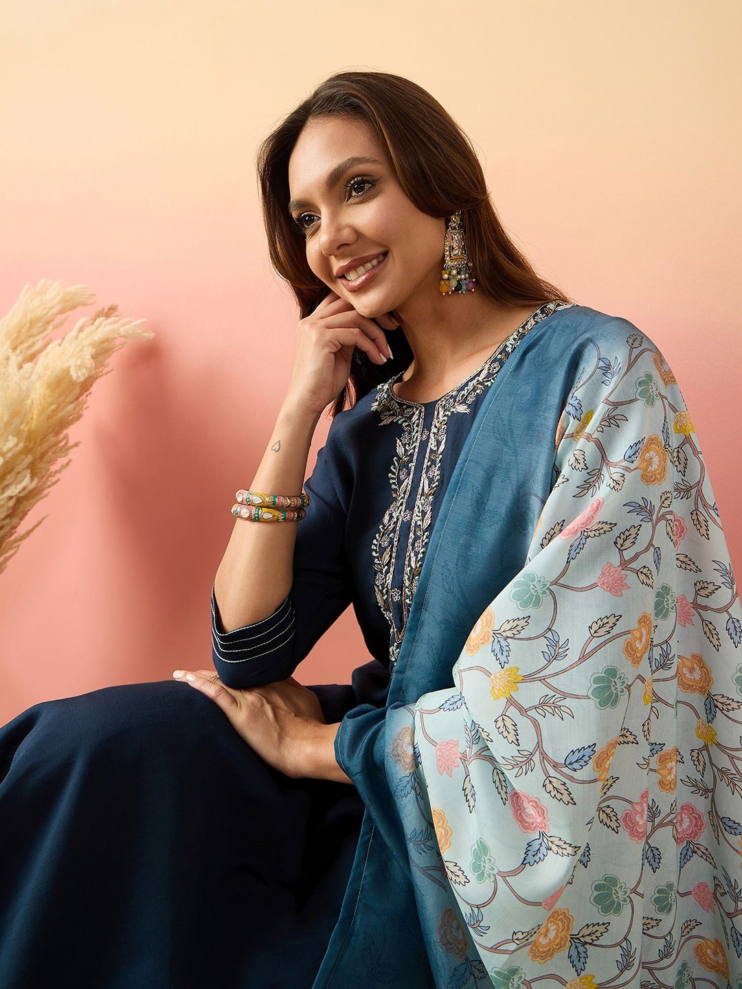 

Sangria Women Embroidered Straight Kurta With Palazzos & Dupatta, Blue