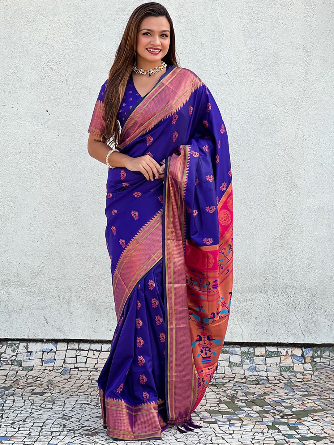 

all about you Woven Design Zari Silk Blend Paithani Saree, Violet