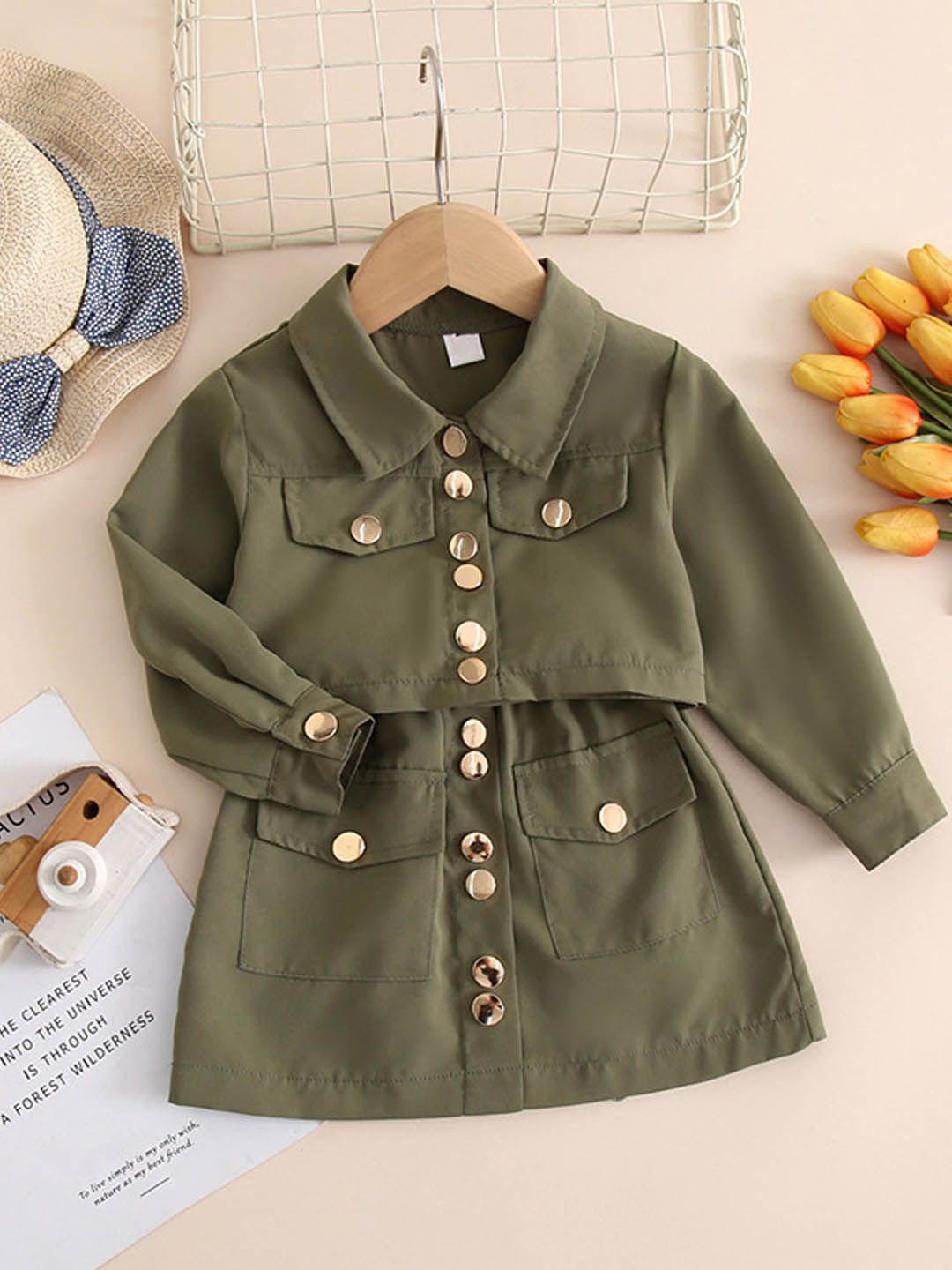 

Xsole Girls Shirt Collar Shirt With Skirt Clothing Set, Green