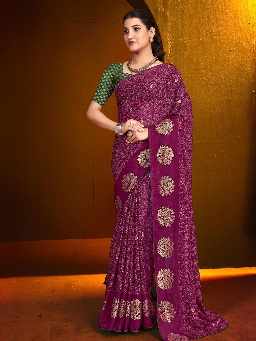 

Reboot Fashions Floral Pure Georgette Designer Maheshwari Saree, Purple