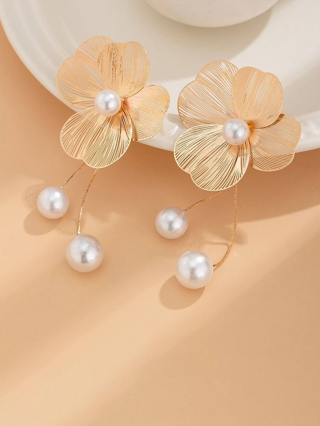 

VIEN Stainless Steel Gold-Plated Artificial Beaded Floral Shaped Drop Earrings