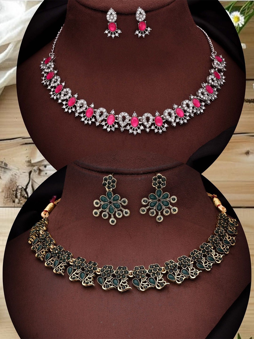 

DIVASTRI Set Of 2 Gold-Plated American Diamond-Studded Jewellery Set