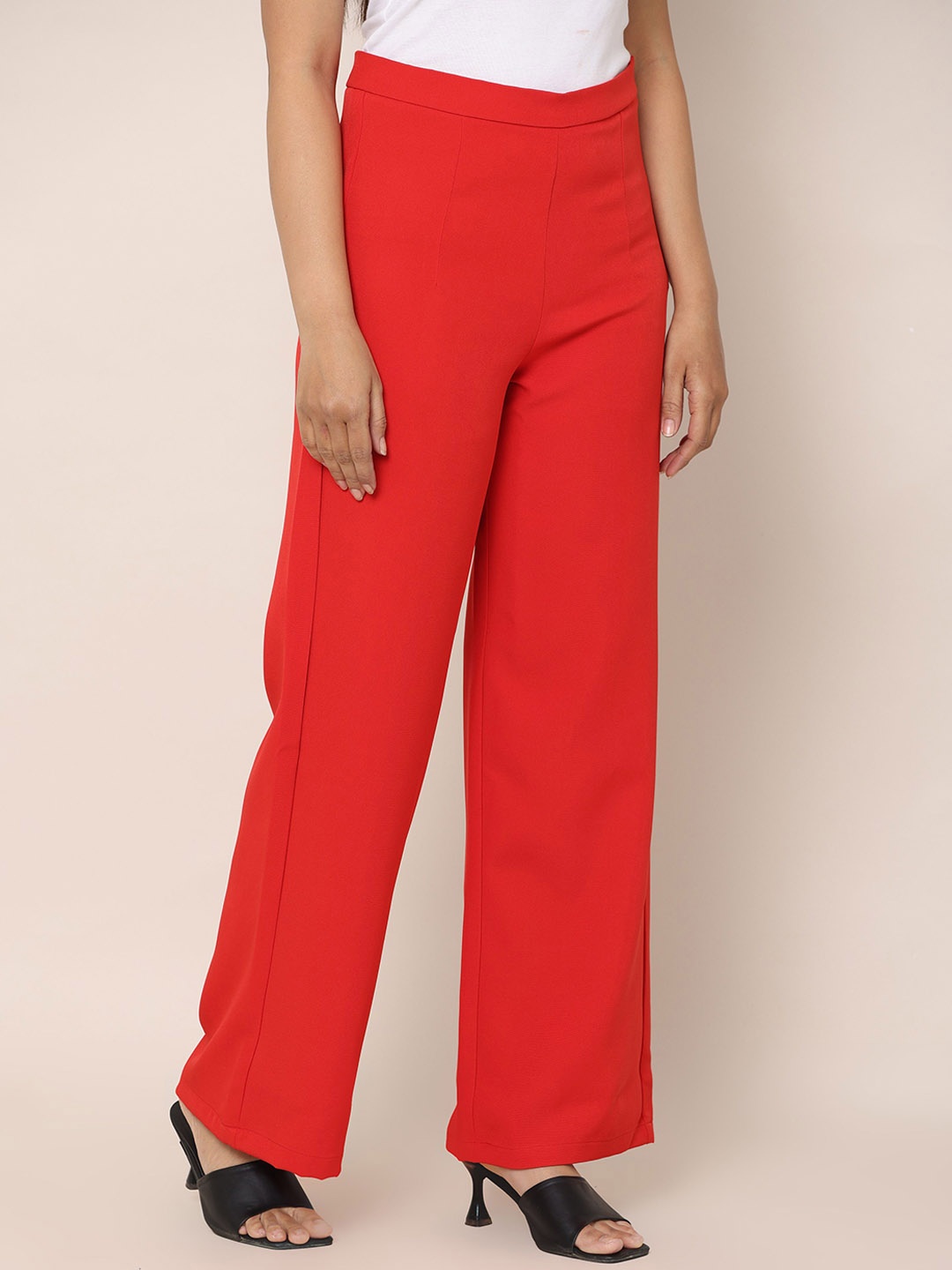 

URBAN POCHE Women Relaxed Straight Fit High-Rise Trousers, Red