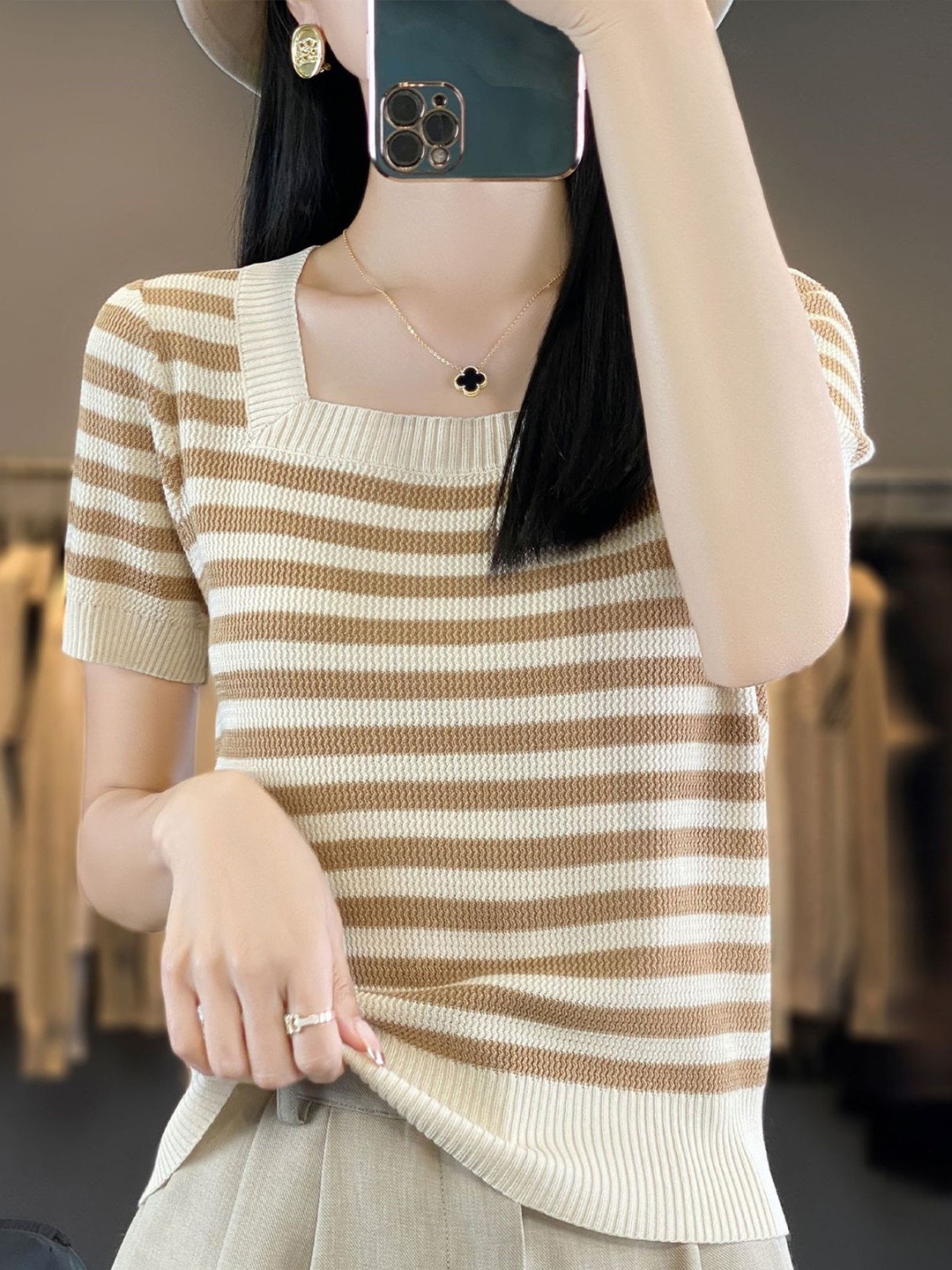 

StyleCast Women Striped T-shirt, Khaki