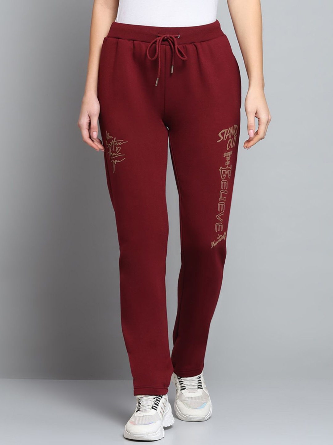 

Monte Carlo Women Printed Drawstring Mid Rise Track Pants, Burgundy
