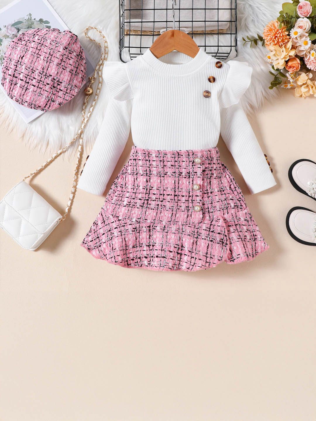 

Xsole Girls Striped Woven Design Top With Skirt, White