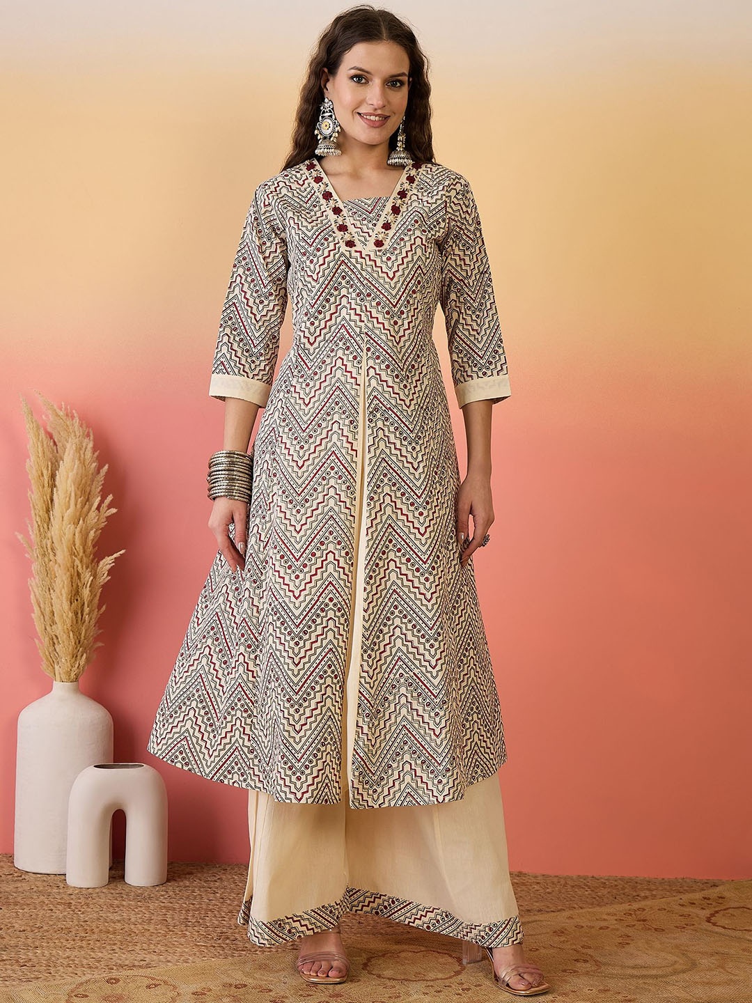 

Sangria Women Embroidered Anarkali Kurta Set With Dupatta, Beige