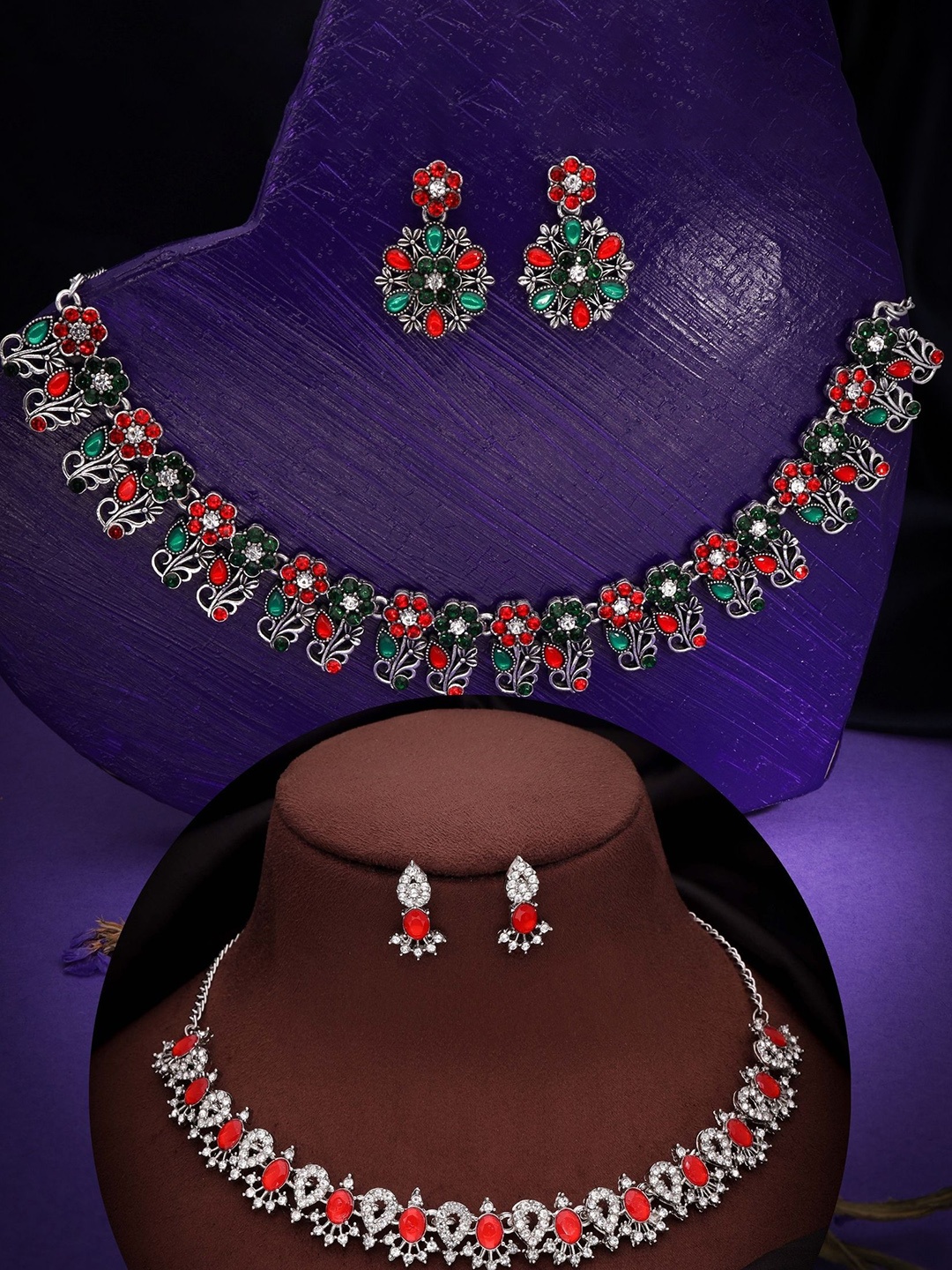 

DIVASTRI Set Of 2 Silver Plated American Diamonds Studded Jewellery Set