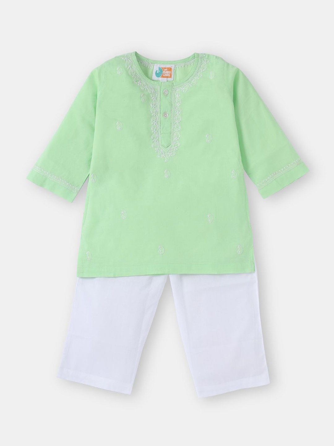 

THE BABY LABEL Unisex Kids Embroidered Regular Pure Cotton Kurta with Pyjamas, Green