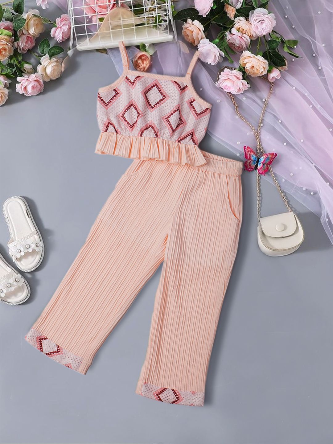 

pspeaches Girls Geometric Self Design Shoulder Straps Top With Trousers, Peach