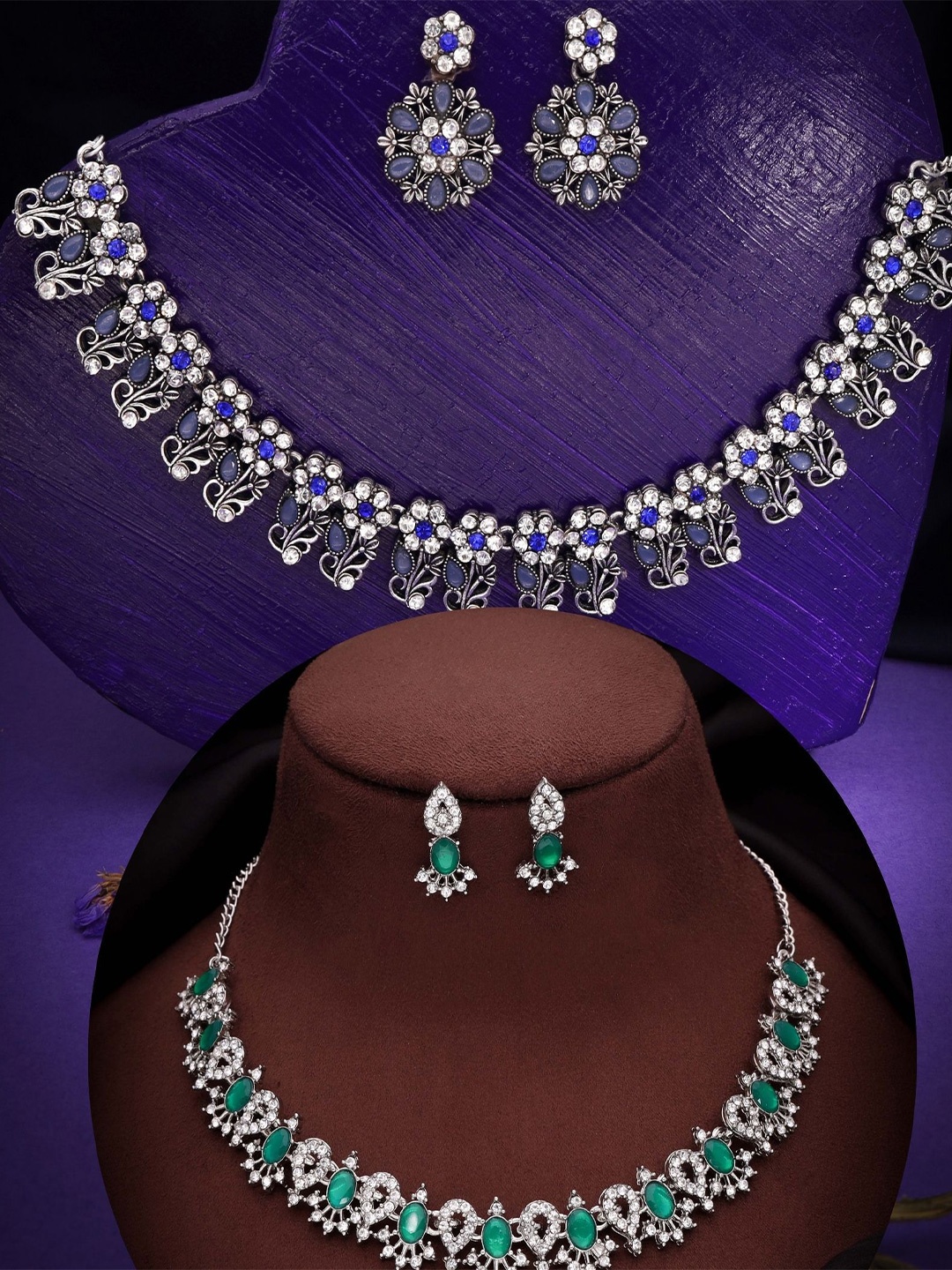 

DIVASTRI Set Of 2 Silver-Plated Artificial Stones Studded Jewellery Sets