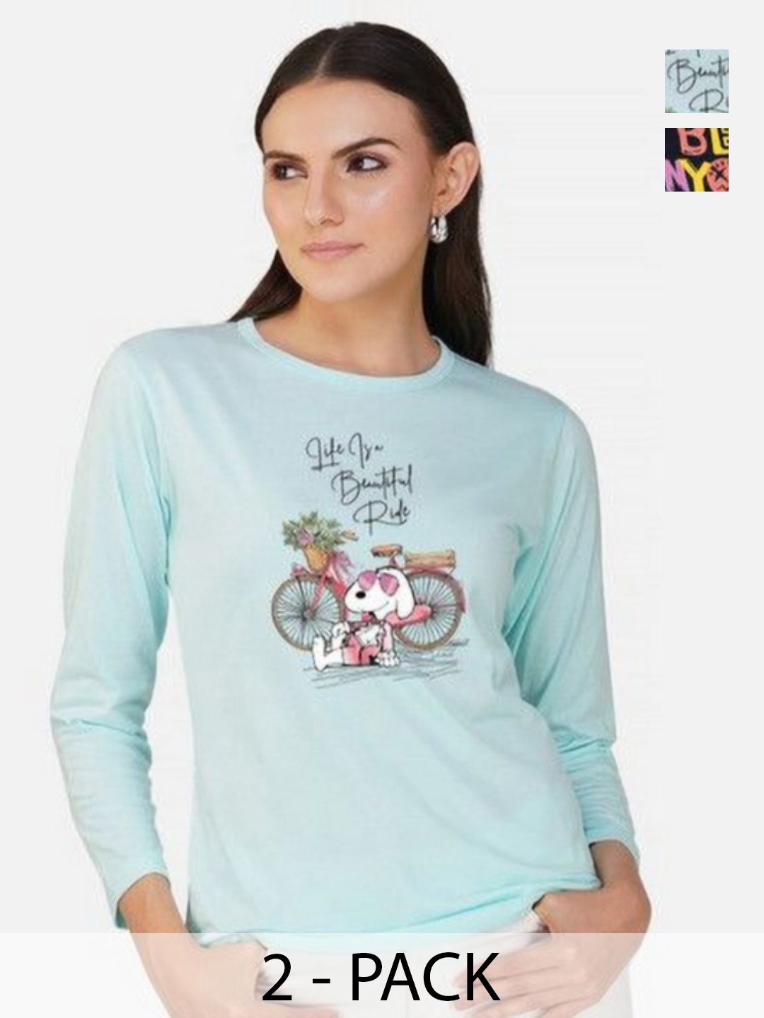 

Metronaut Women Pack of 2 Bio Finish Graphic Printed Round Neck Cotton T-shirts, Turquoise blue