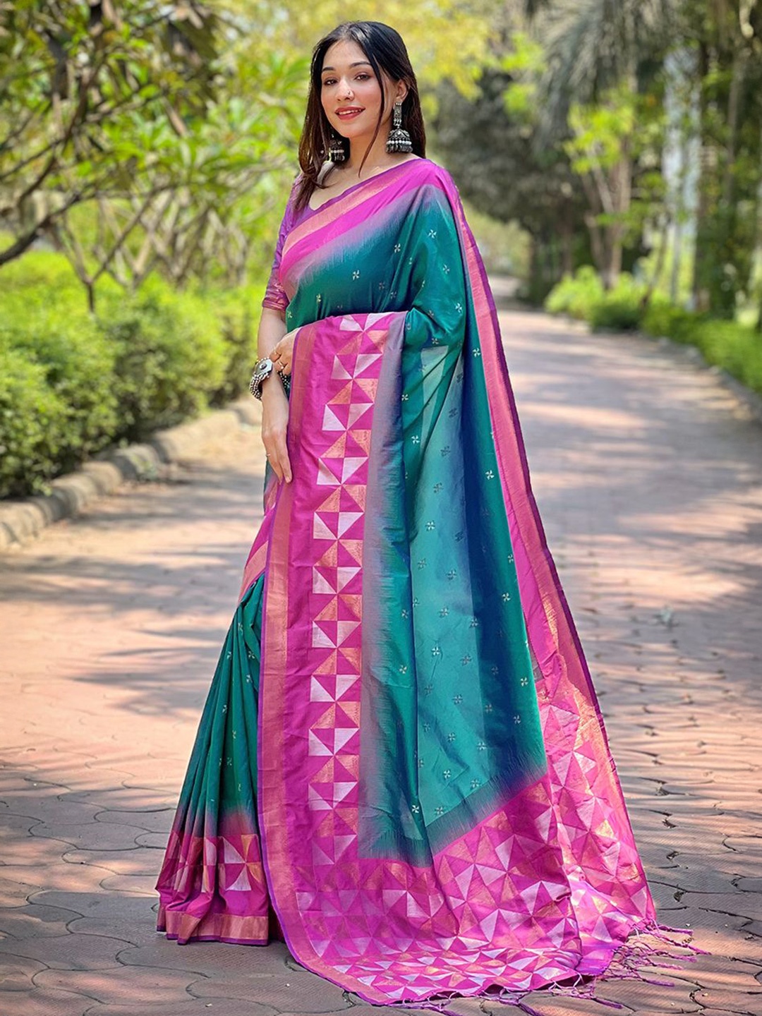 

all about you Woven Design Zari Silk Blend Banarasi Saree, Green