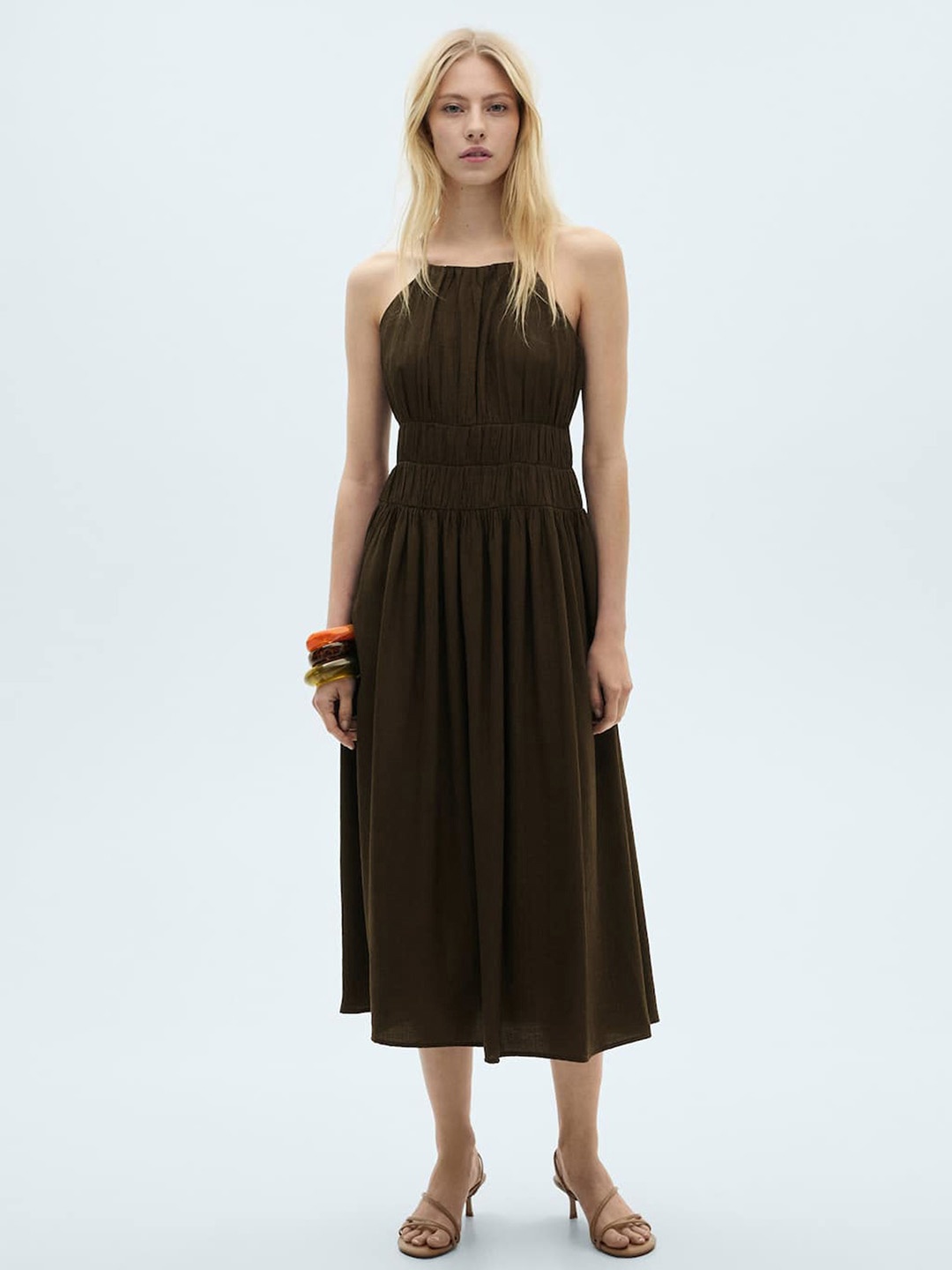 

MANGO Solid A-Line Midi Dress with Smocked Detail, Brown