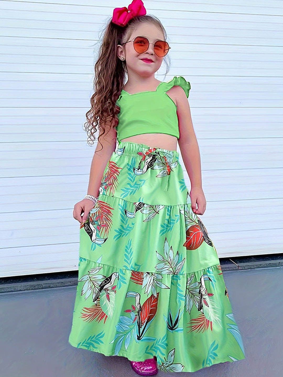 

Xsole Girls Printed Square Neck Top With Skirt Clothing Set, Green