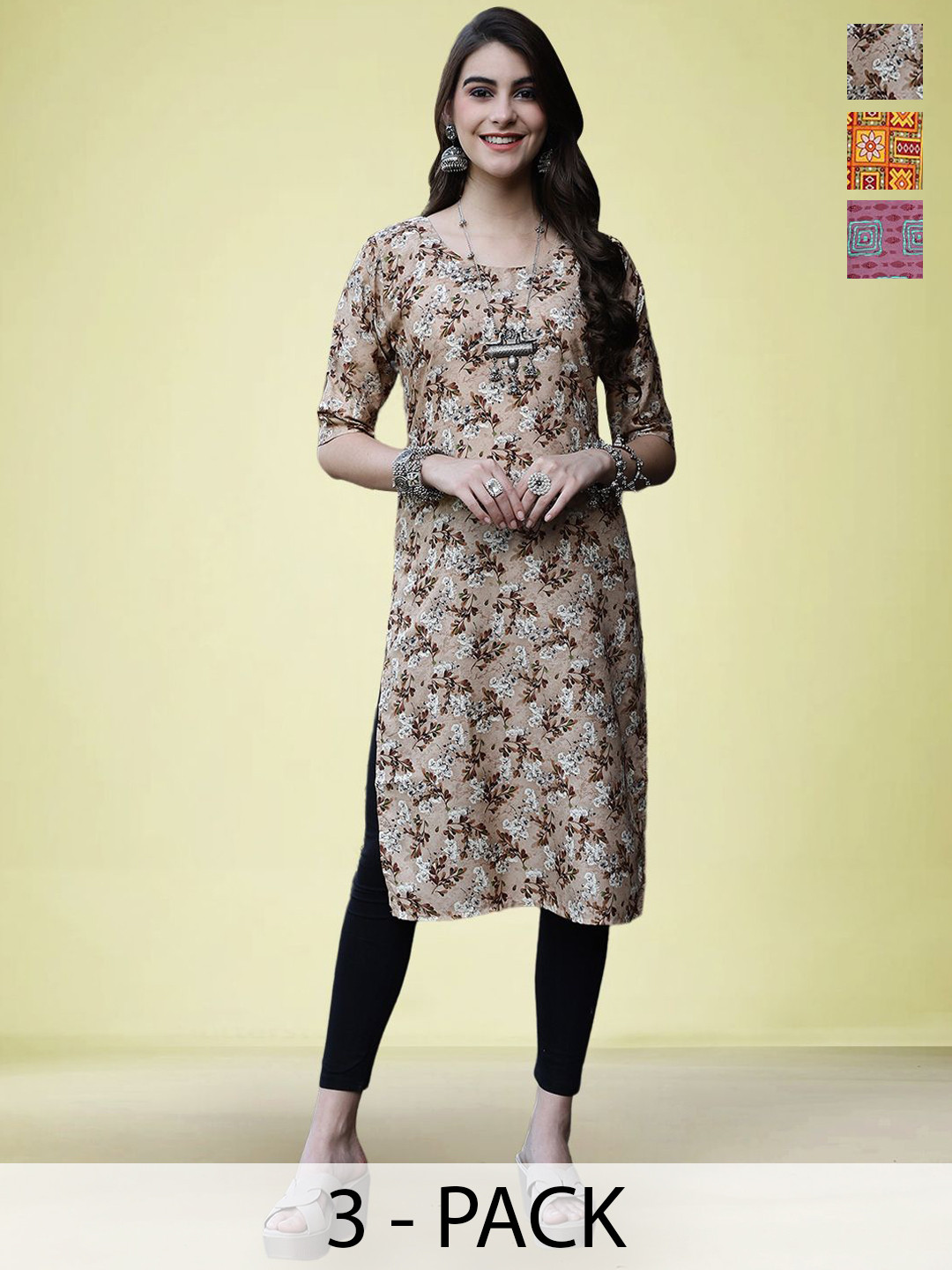 

Moda Rapido Selection Of 3 Floral Printed Round Neck Straight Kurtas, Beige